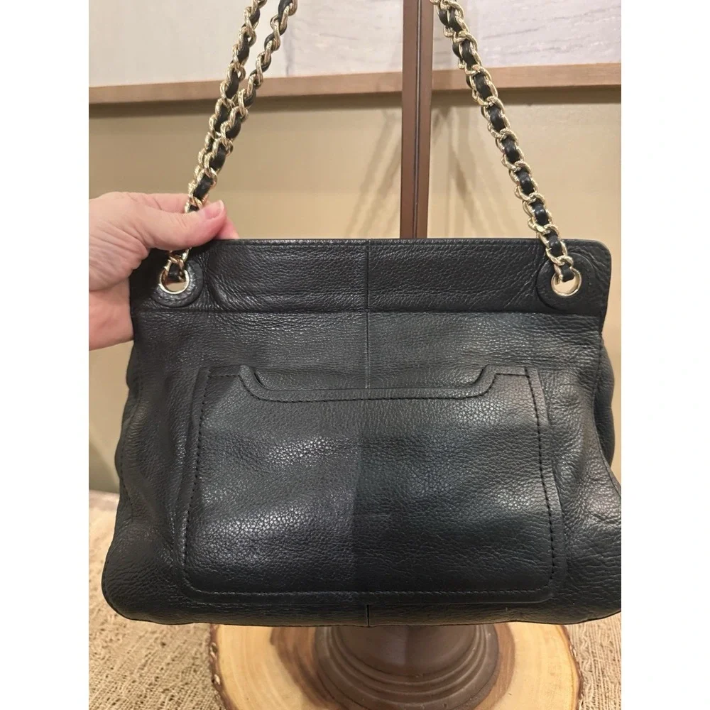 Tory Burch Marion Black Pebbled Leather 2-Way Whipstich Chain Strap Shoulder Bag